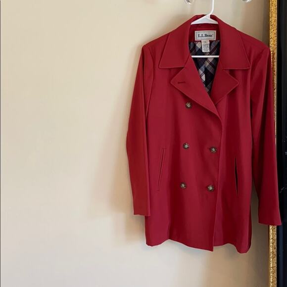 LL Bean red trench coat  jacket with plaid lining - Picture 3 of 14